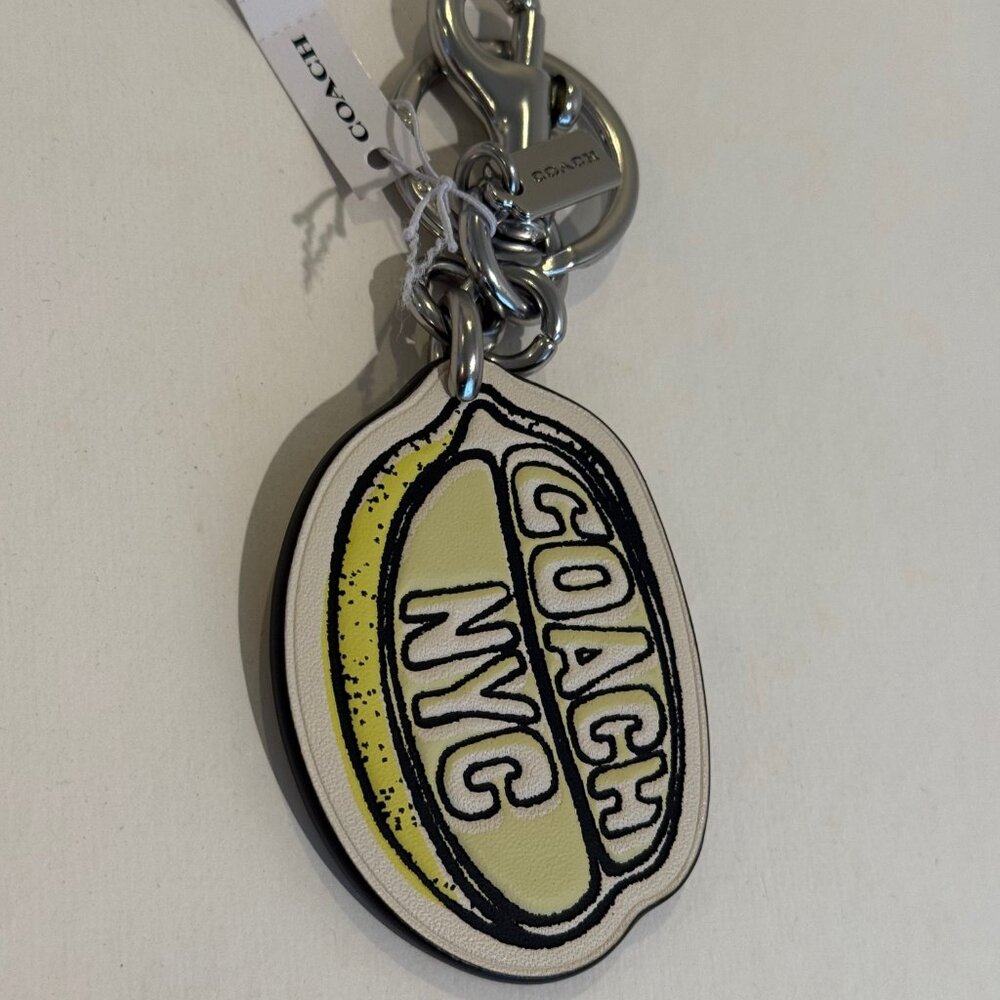 COACH CAO55 LEMON SNAP VALET KEY FOB RING BAG CHARM, yellow, leather